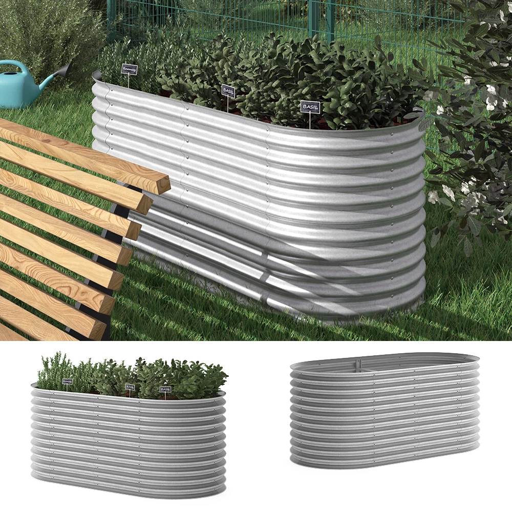 Ok-Living Hochbeet Kräuterbeet Gemüsebeet oval 200x100x80cm (LxBxH) silber Pflanzkasten Frühbeet Aufzucht Beet Garten