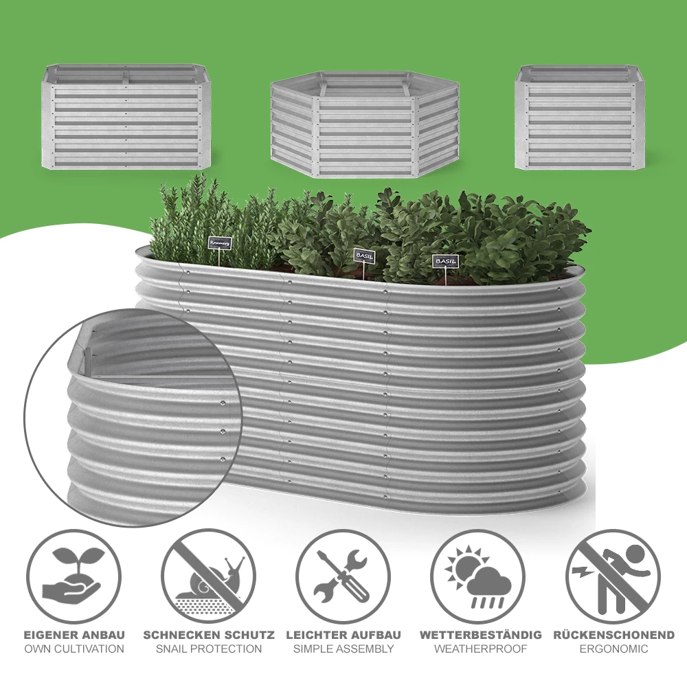 ok-Living Hochbeet Kräuterbeet Gemüsebeet oval 200x100x80cm (LxBxH) silber Pflanzkasten Frühbeet Aufzucht Beet Garten