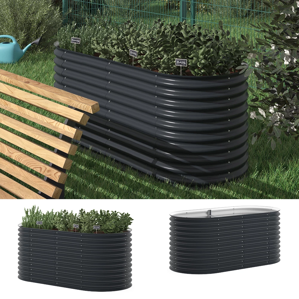 Ok-Living Hochbeet Kräuterbeet Gemüsebeet oval 200x100x80cm (LxBxH) anthrazit Pflanzkasten Frühbeet Aufzucht Beet Garten