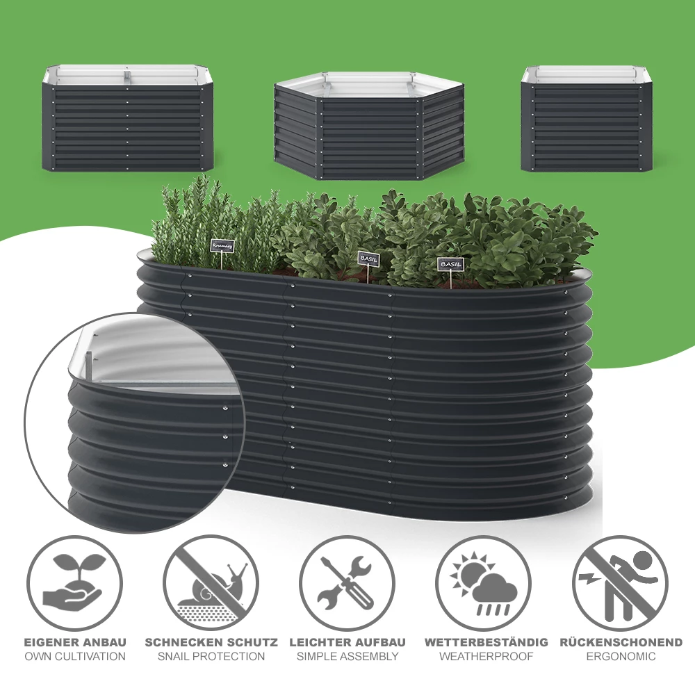 Nahaufnahme von Hochbeet in Anthrazit, zeigt Textur/Details
