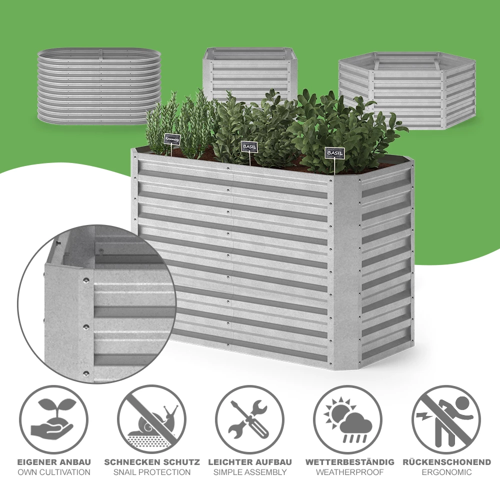 ok-Living Hochbeet Kräuterbeet Gemüsebeet rechteckig 120x60x80cm (LxBxH) silber Pflanzkasten Frühbeet Aufzucht Beet Garten