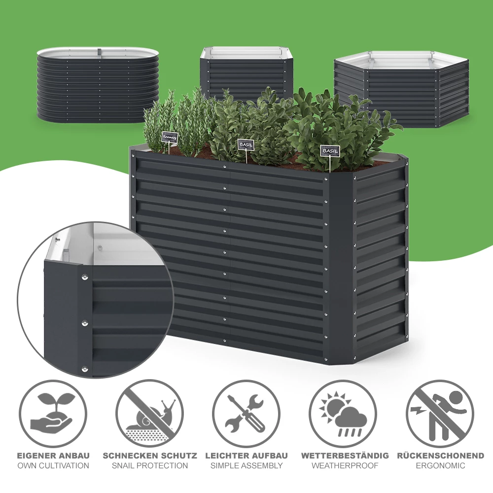 Nahaufnahme von Hochbeet in Anthrazit, zeigt Textur/Details