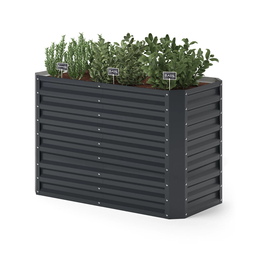 Hochbeet in Anthrazit auf weißem Hintergrund mit dekorativen Elementen