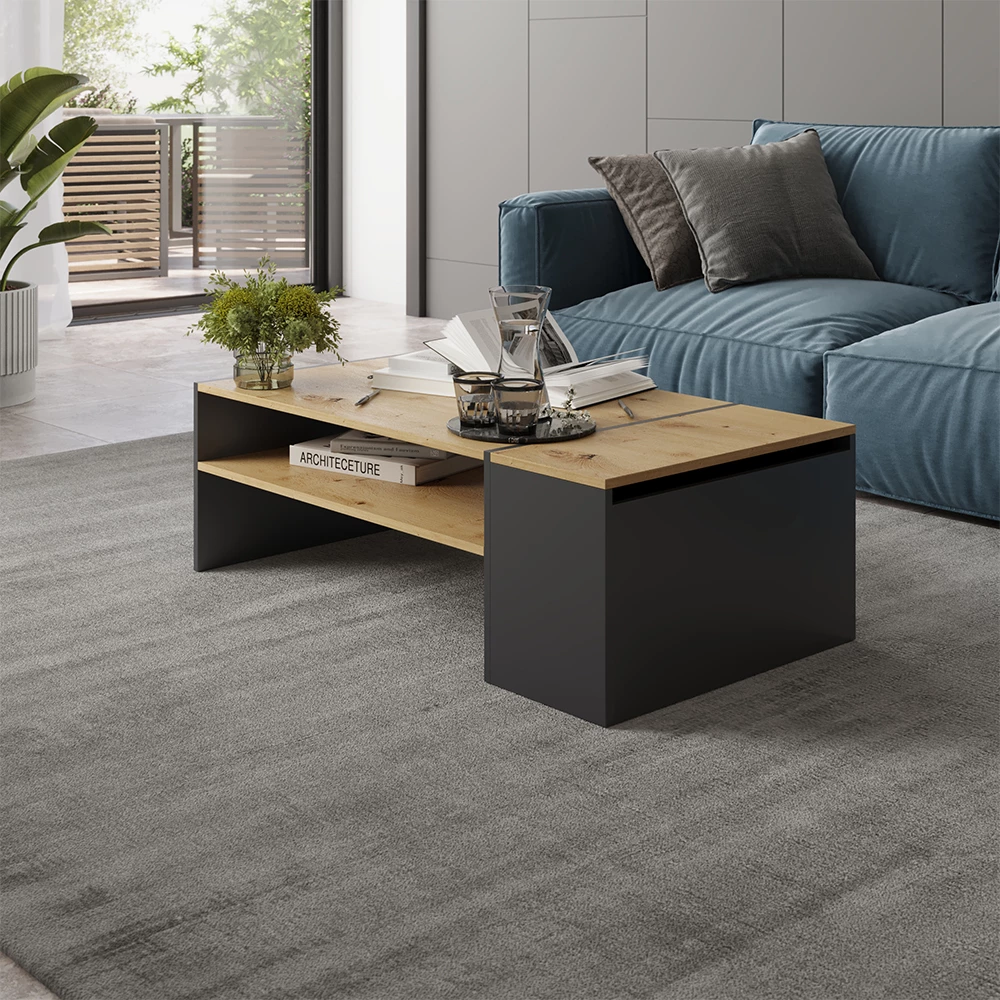 Mesa de centro en Roble artesanal/antracita sobre fondo blanco con elementos decorativos