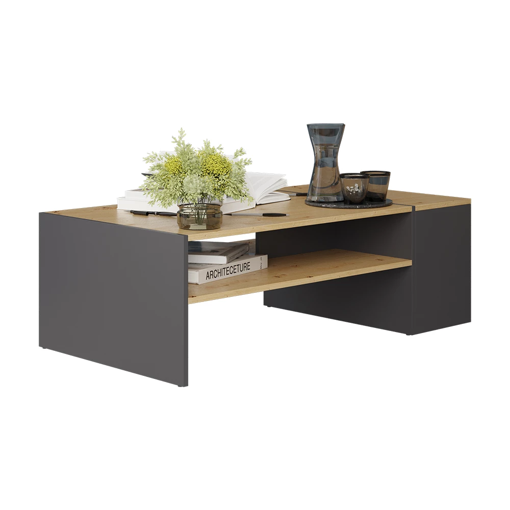 Coffee table in Artisan oak/anthracite on white background with decorative elements