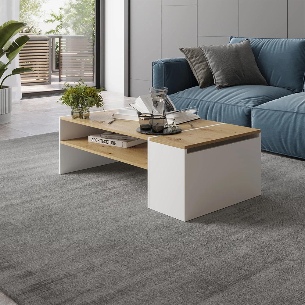 Mesa de centro en Roble artesanal/blanco sobre fondo blanco con elementos decorativos