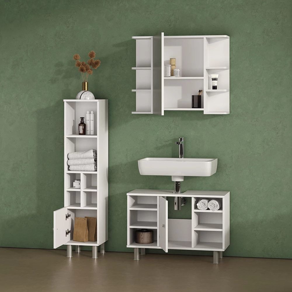Nahaufnahme von Midischrank in Weiß, zeigt Textur/Details