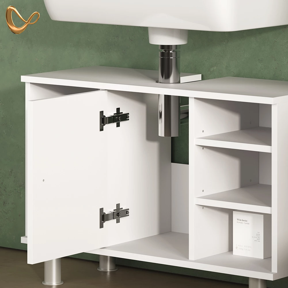 Nahaufnahme von Badmöbel-Set in Weiß, zeigt Design- und Oberflächendetails