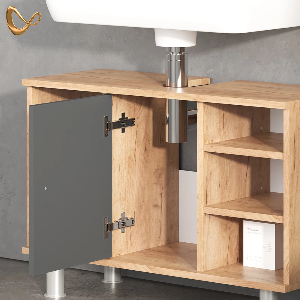 Nahaufnahme von Badmöbel-Set in Goldkraft Eiche, zeigt Design- und Oberflächendetails