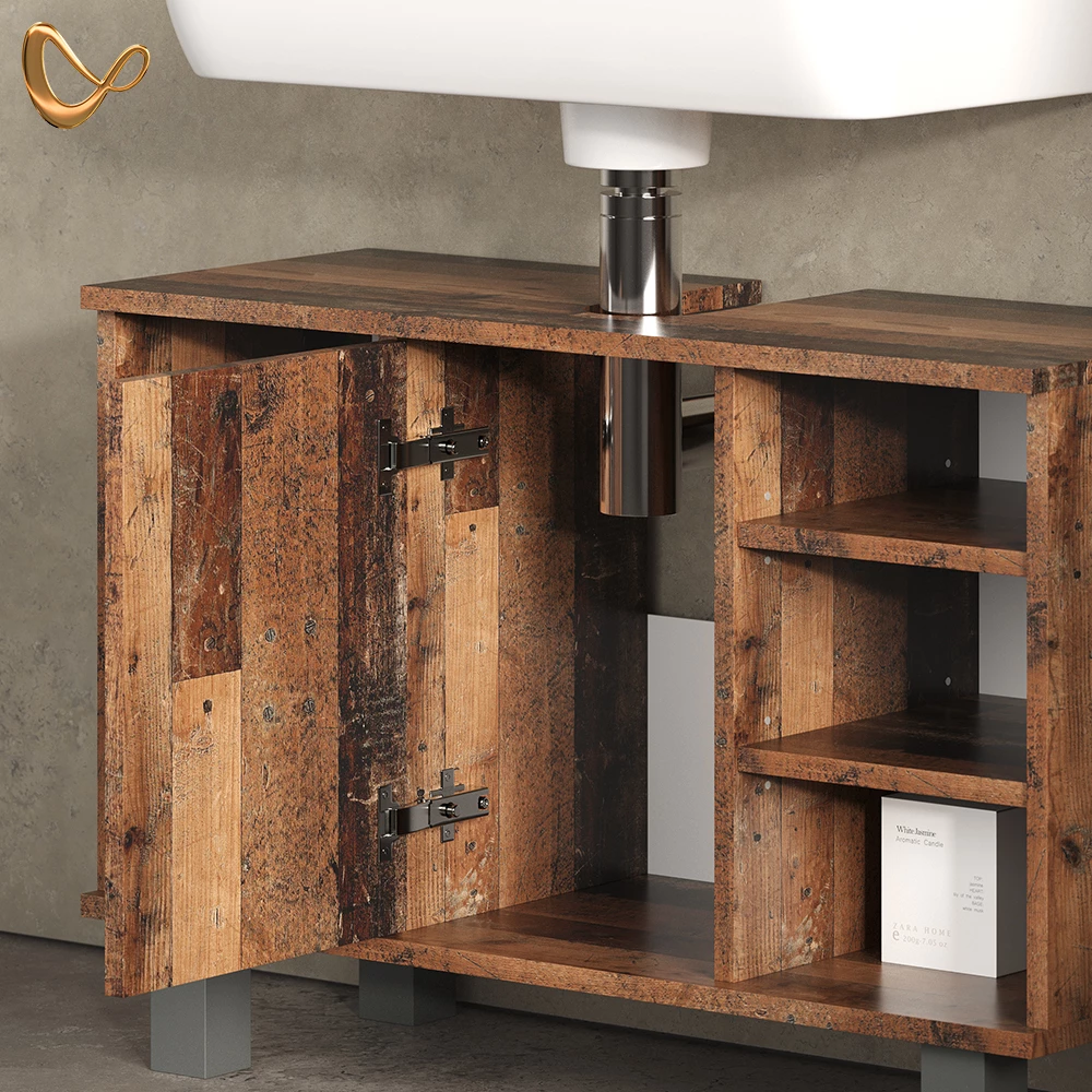 Nahaufnahme von Badmöbel-Set in Eiche rustikal, zeigt Design- und Oberflächendetails