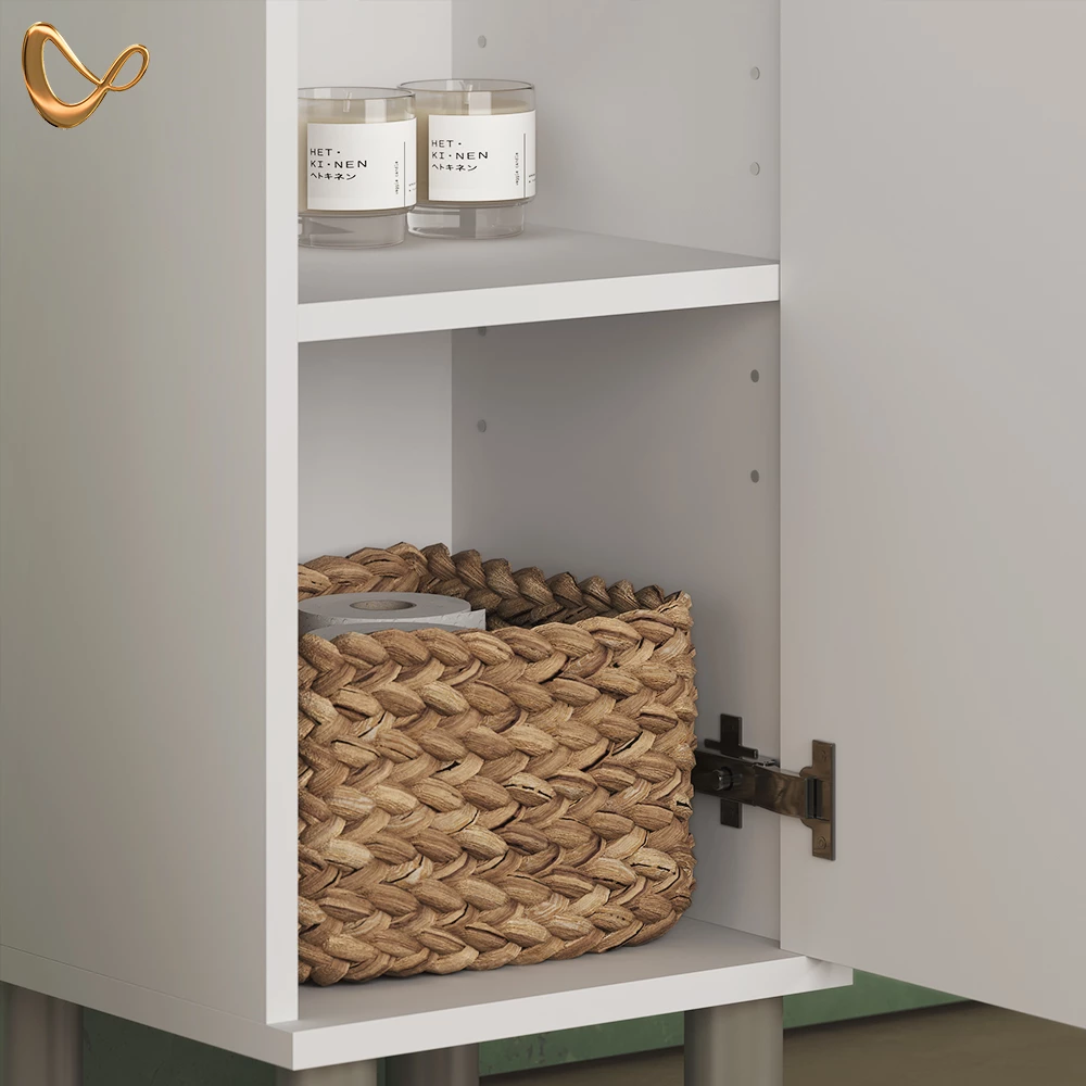 Nahaufnahme von Badmöbel-Set in Weiß, zeigt Design- und Oberflächendetails