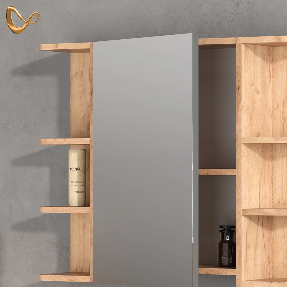 Nahaufnahme von Badmöbel-Set in Goldkraft Eiche, zeigt Design- und Oberflächendetails
