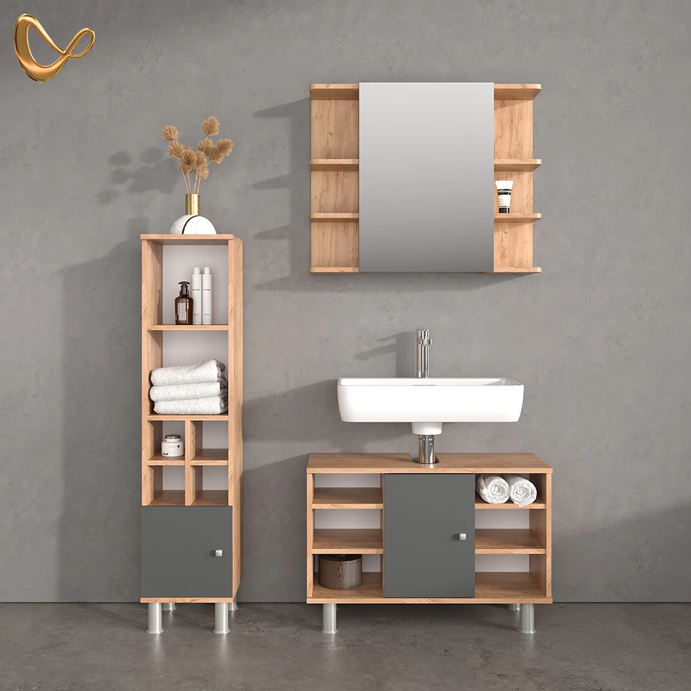 Badmöbel-Set in Goldkraft Eiche, dargestellt im Ambiente und auf weißem Hintergrund