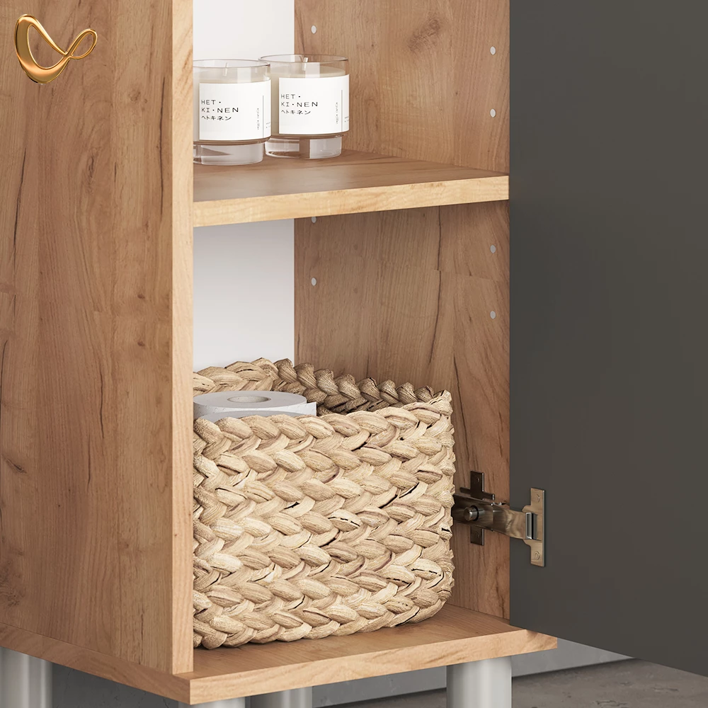 Nahaufnahme von Badmöbel-Set in Goldkraft Eiche, zeigt Design- und Oberflächendetails