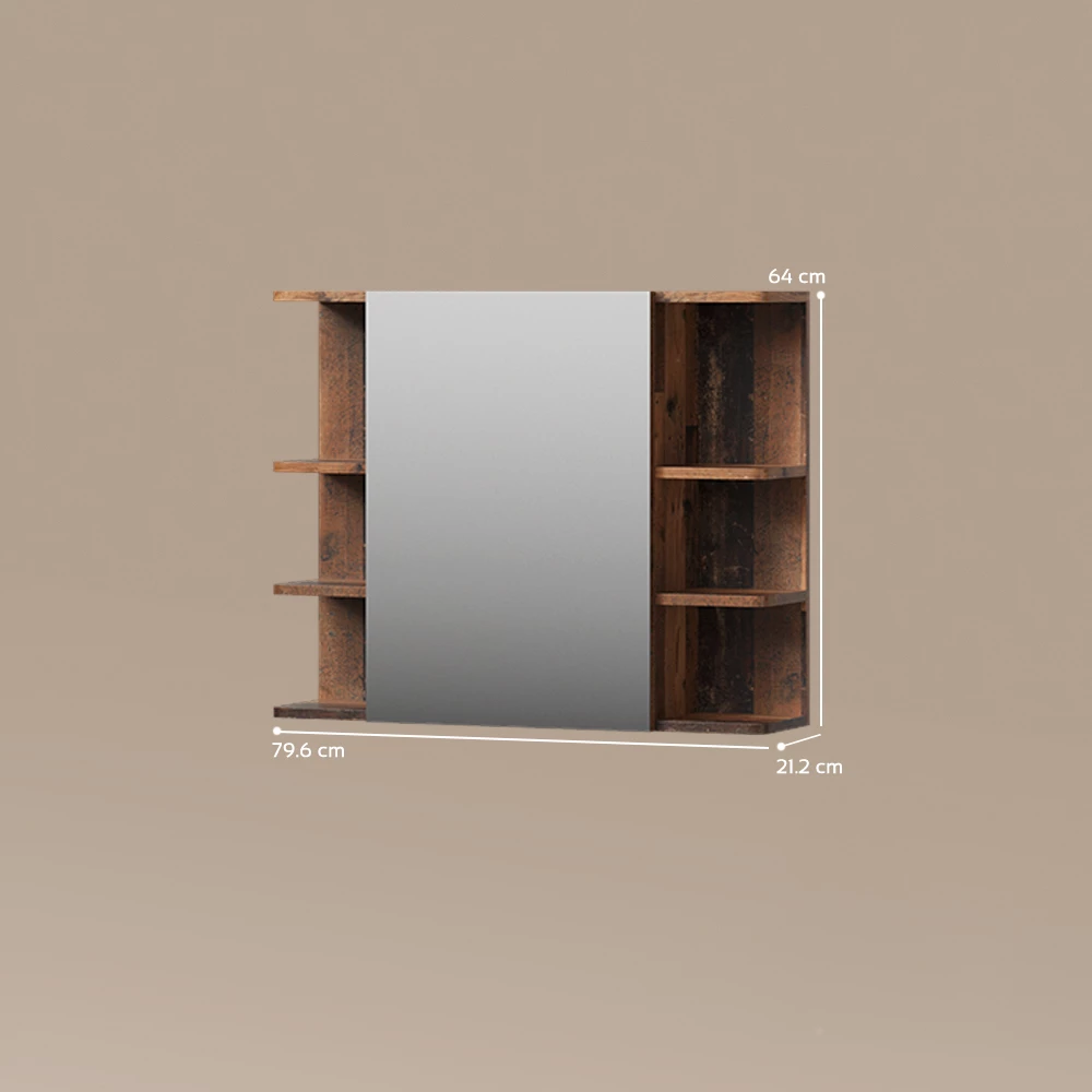 Badspiegelschrank in Antikholz auf weißem Hintergrund mit sichtbaren Maßen