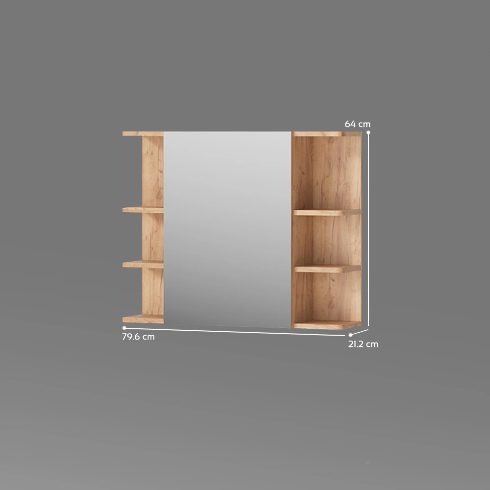 Badspiegelschrank in Eiche auf weißem Hintergrund mit sichtbaren Maßen