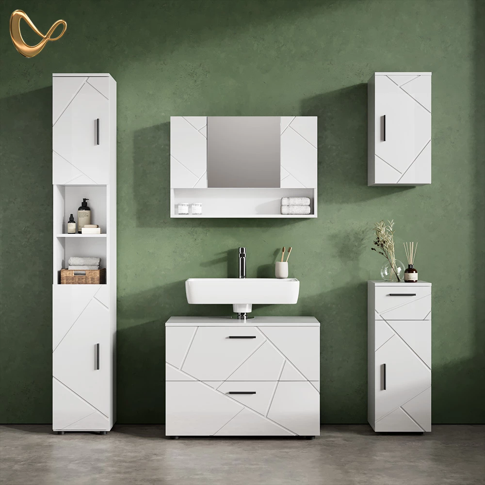 Badmöbel-Set in Weiß Hochglanz, dargestellt im Ambiente und auf weißem Hintergrund