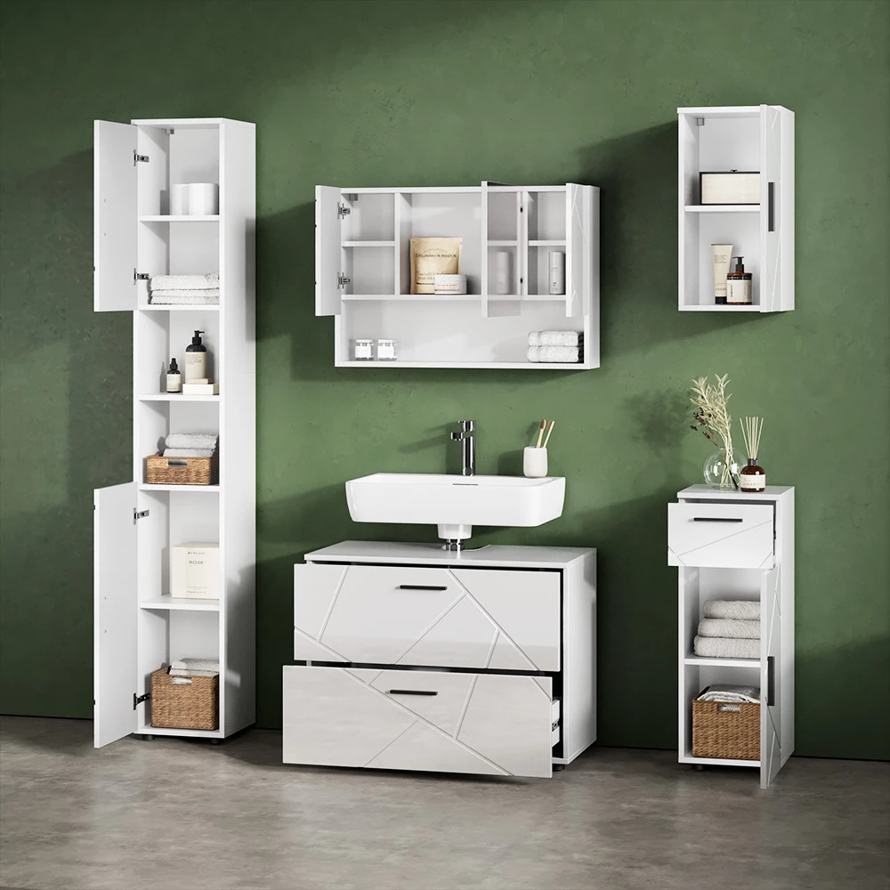 Nahaufnahme von Badmöbel-Set in Weiß Hochglanz, zeigt Textur/Details