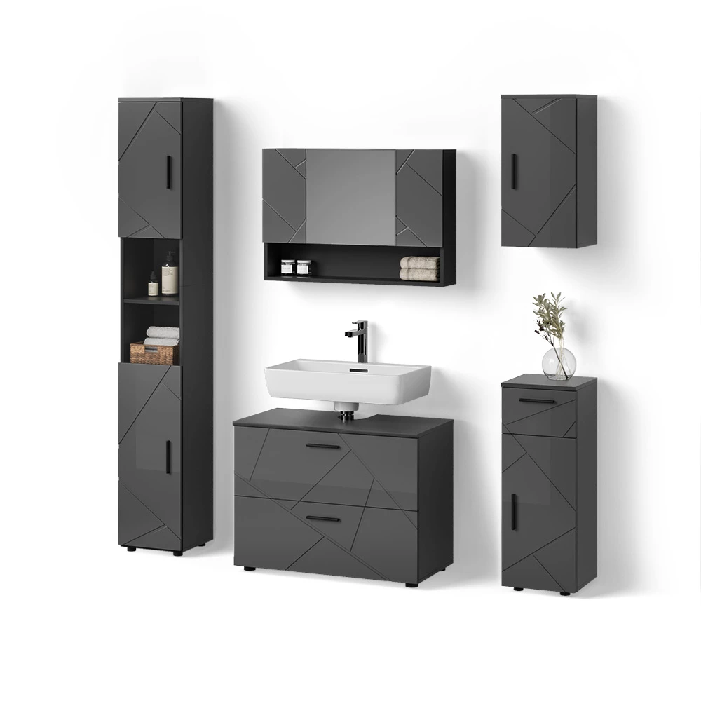 Badmöbel-Set in Anthrazit Hochglanz auf weißem Hintergrund