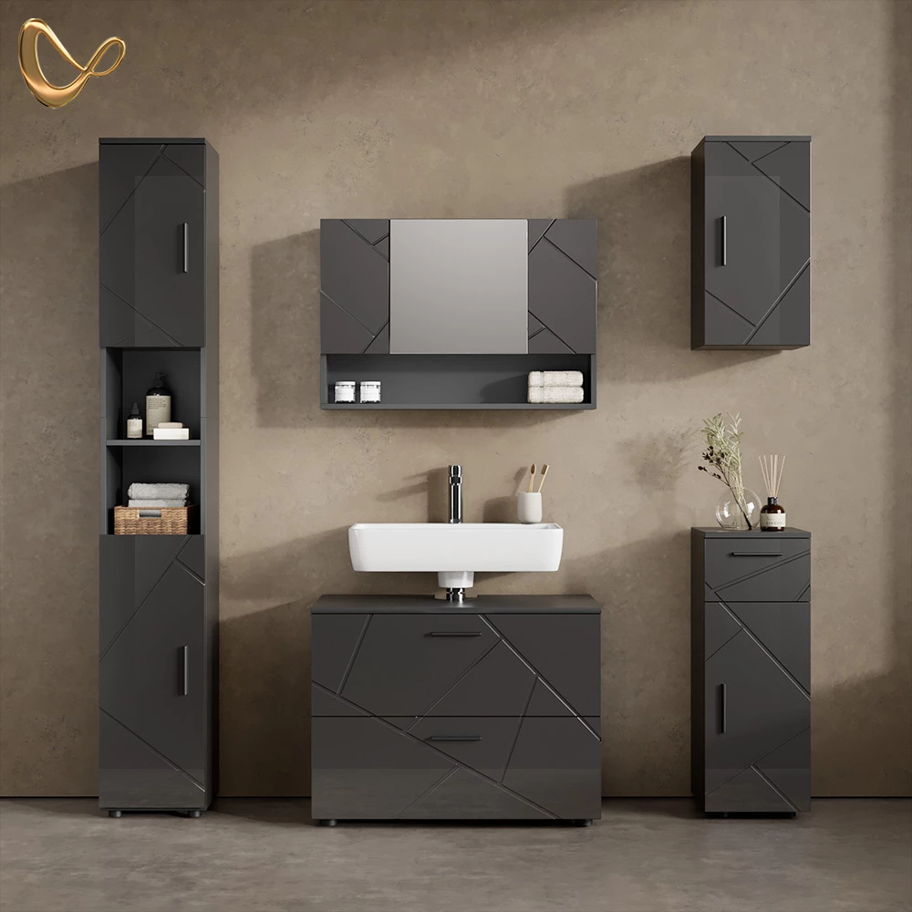 Badmöbel-Set in Anthrazit Hochglanz, dargestellt im Ambiente und auf weißem Hintergrund