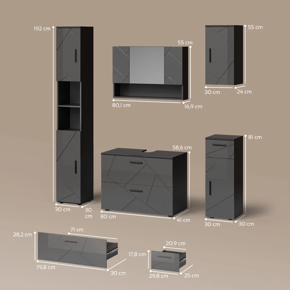 Badmöbel-Set in Anthrazit Hochglanz auf weißem Hintergrund mit sichtbaren Maßen