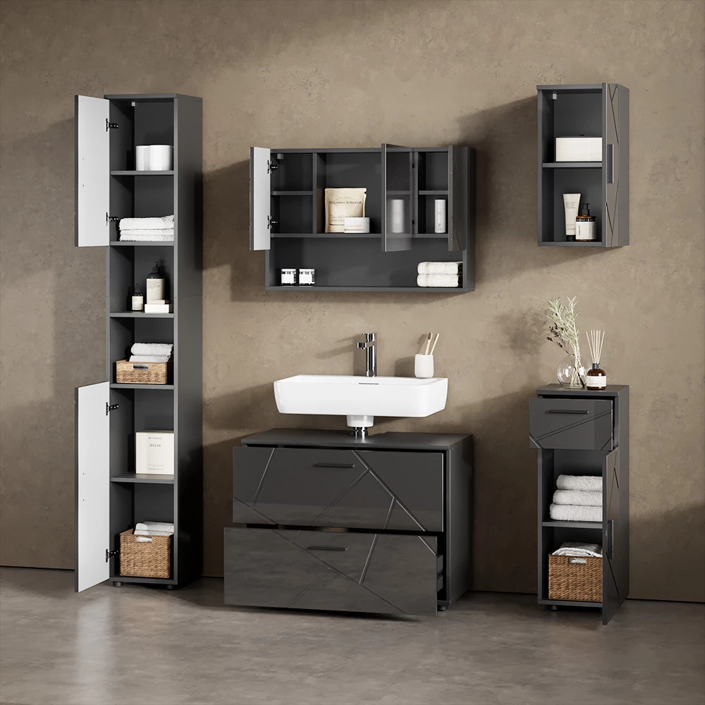 Nahaufnahme von Badmöbel-Set in Anthrazit Hochglanz, zeigt Textur/Details