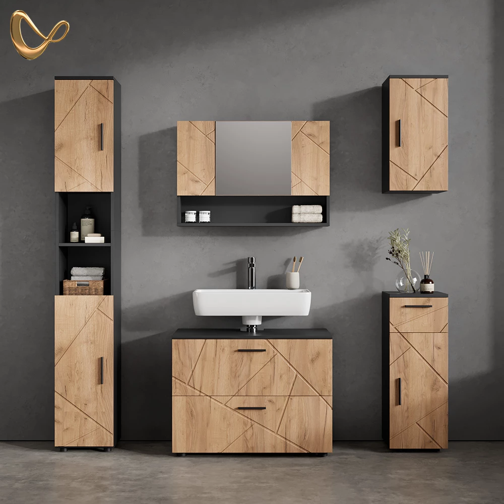 Badmöbel-Set in Goldkraft Eiche/Anthrazit, dargestellt im Ambiente und auf weißem Hintergrund