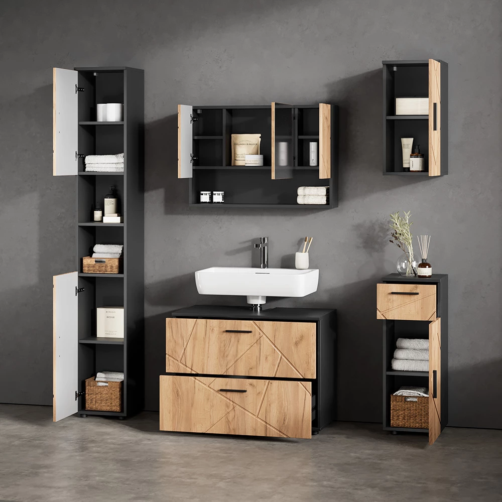 Nahaufnahme von Badmöbel-Set in Goldkraft Eiche/Anthrazit, zeigt Textur/Details