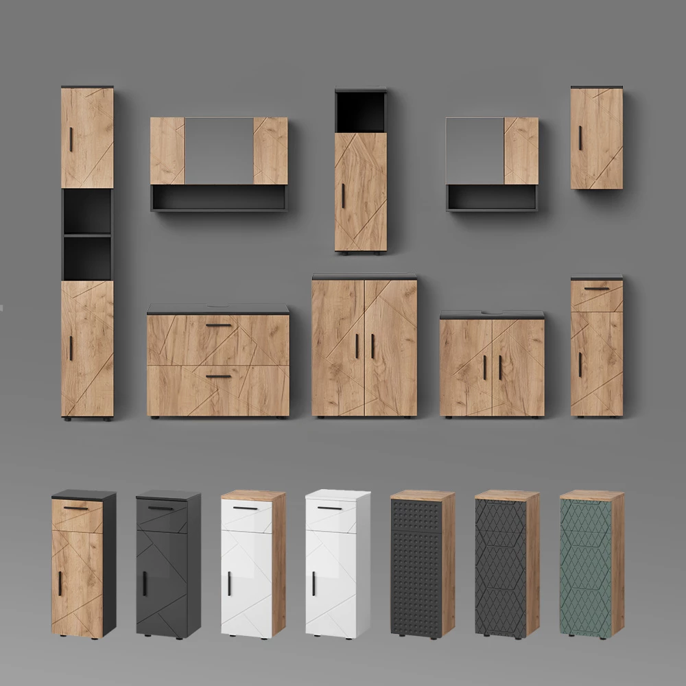 livinity® Badmöbel-Set Anthrazit gepunktet 3 Teile, mit Schubladenschrank und Midischrank, Ronco