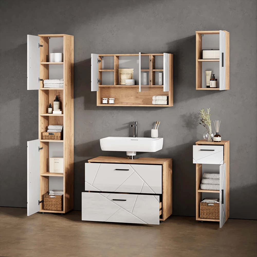 Nahaufnahme von Badmöbel-Set in Weiß Hochglanz/Goldkraft Eiche, zeigt Textur/Details