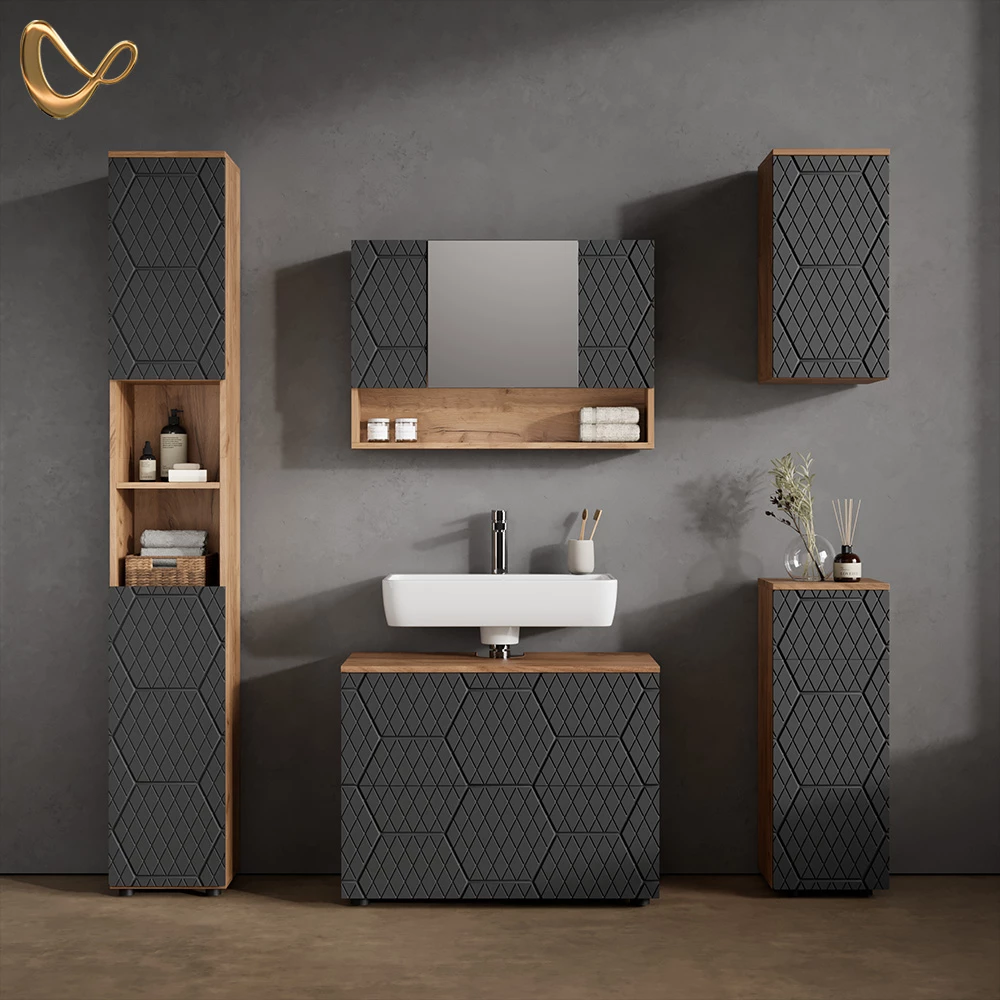 Badmöbel-Set in Anthrazit gestreift, dargestellt im Ambiente und auf weißem Hintergrund