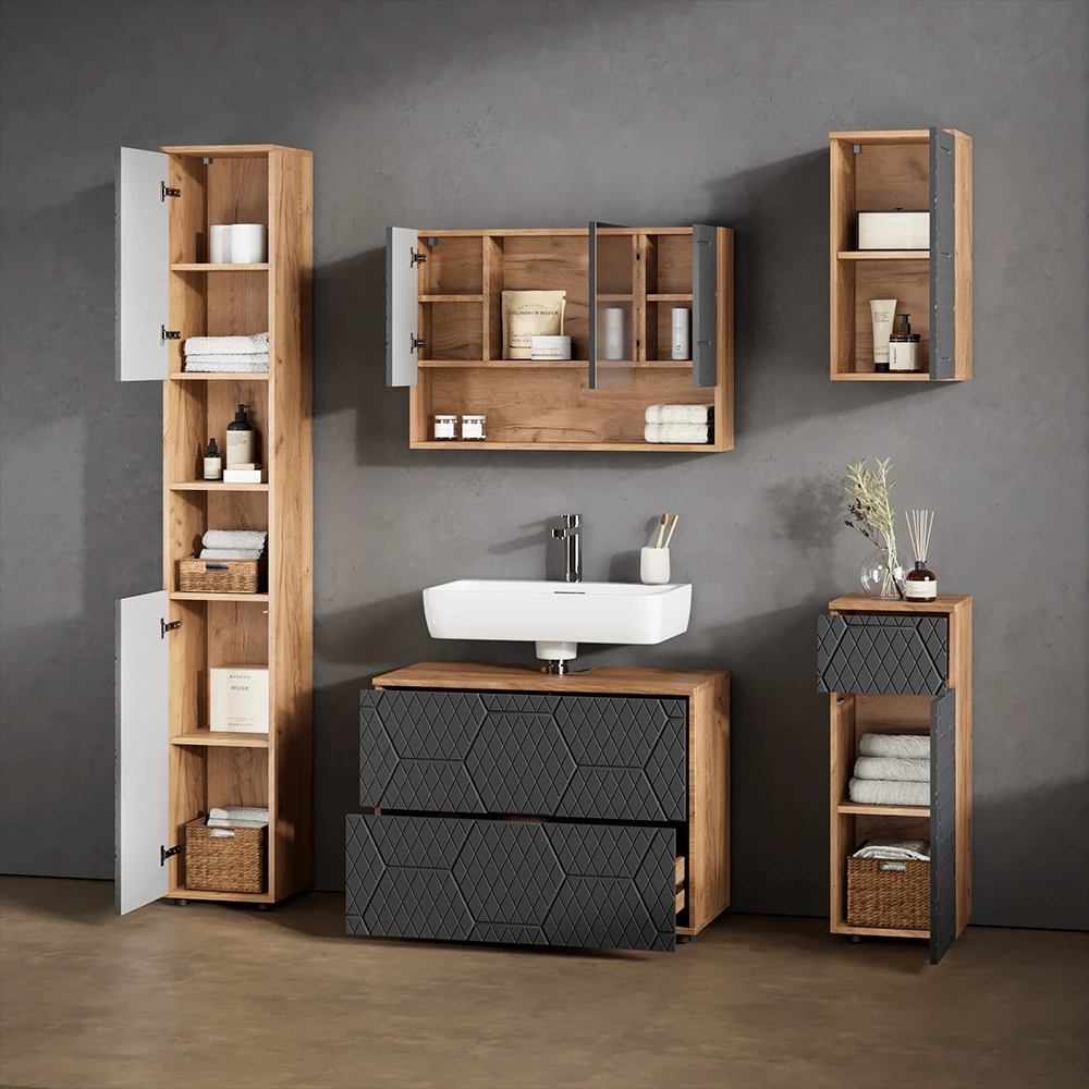 Nahaufnahme von Badmöbel-Set in Anthrazit gestreift, zeigt Textur/Details