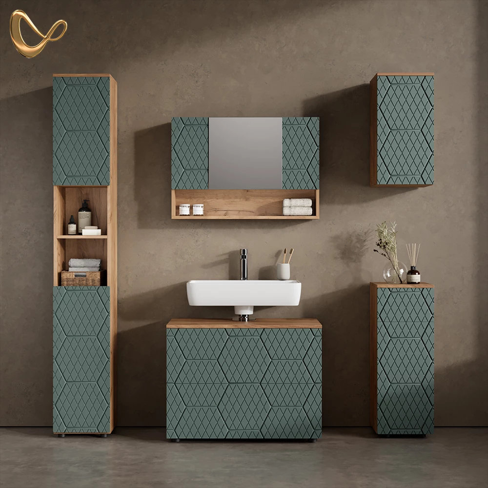 Badmöbel-Set in Grün/Goldkraft Eiche, dargestellt im Ambiente und auf weißem Hintergrund