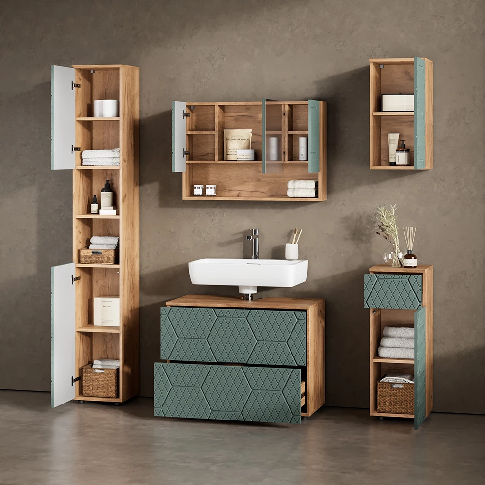 Nahaufnahme von Badmöbel-Set in Grün/Goldkraft Eiche, zeigt Textur/Details