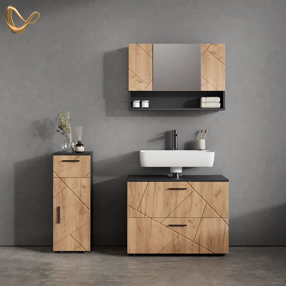 Badmöbel-Set in Goldkraft Eiche/Anthrazit, dargestellt im Ambiente und auf weißem Hintergrund