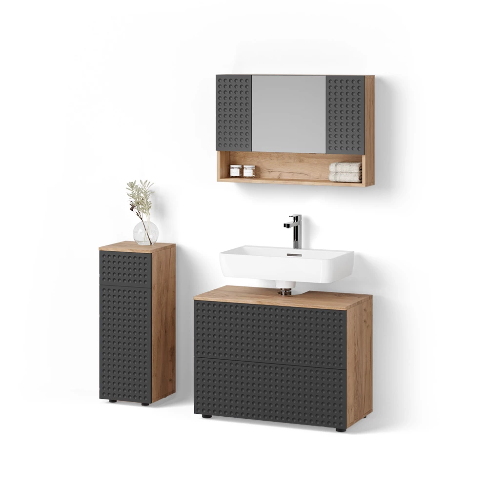 livinity® Badmöbel-Set Anthrazit gepunktet 3 Teile, mit Schubladenschrank und Midischrank, Ronco