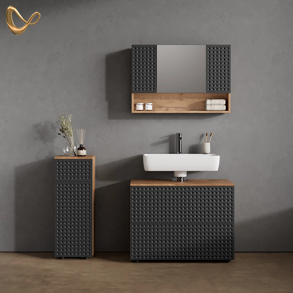 livinity® Badmöbel-Set Anthrazit gepunktet 3 Teile, mit Schubladenschrank und Midischrank, Ronco