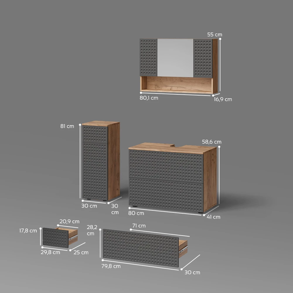 livinity® Badmöbel-Set Anthrazit gepunktet 3 Teile, mit Schubladenschrank und Midischrank, Ronco