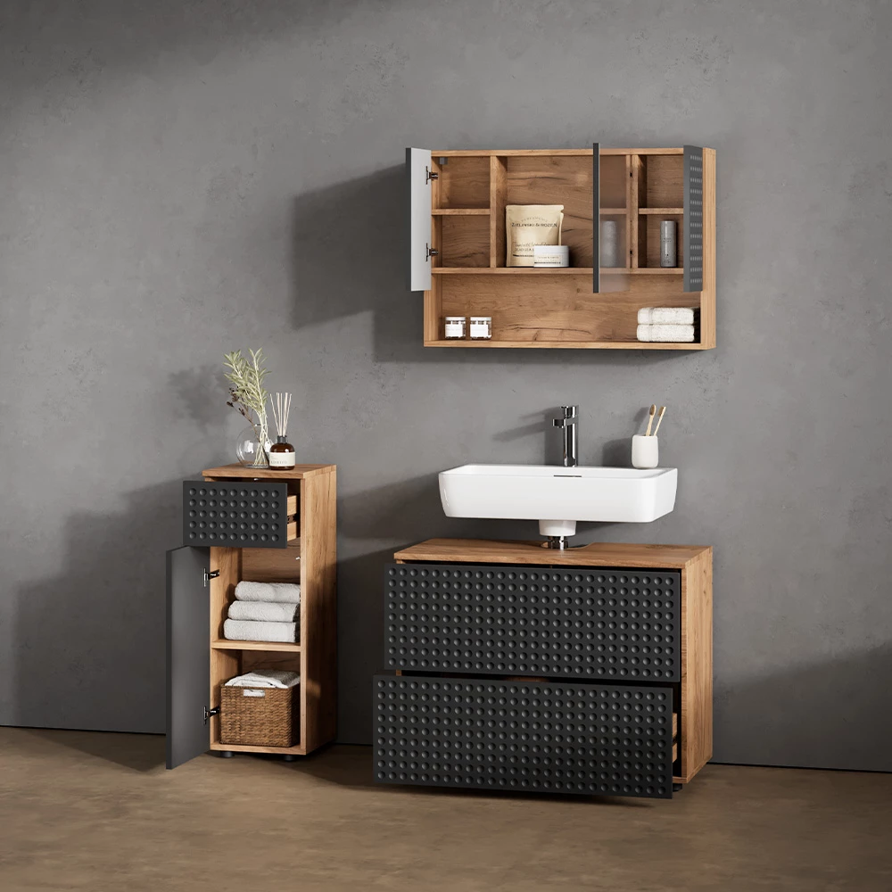 livinity® Badmöbel-Set Anthrazit gepunktet 3 Teile, mit Schubladenschrank und Midischrank, Ronco