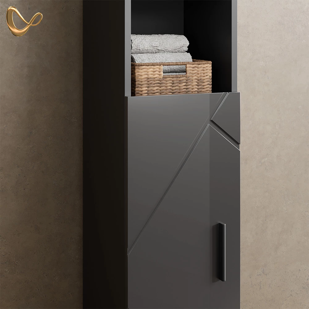 Nahaufnahme von Badmöbel-Set in Anthrazit Hochglanz, zeigt Design- und Oberflächendetails
