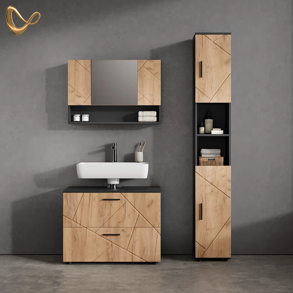 Badmöbel-Set in Goldkraft Eiche/Anthrazit, dargestellt im Ambiente und auf weißem Hintergrund