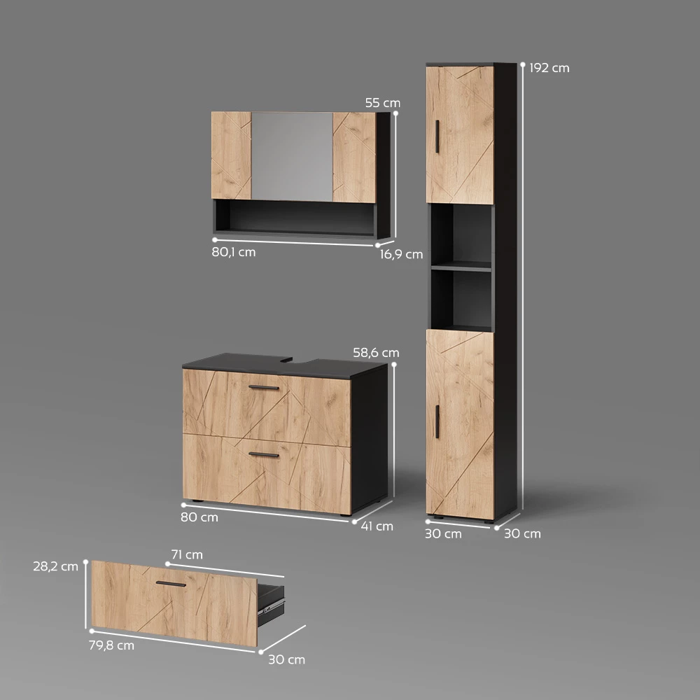 Badmöbel-Set in Goldkraft Eiche/Anthrazit auf weißem Hintergrund mit sichtbaren Maßen