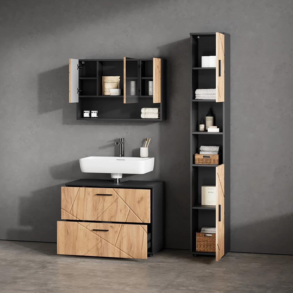 Nahaufnahme von Badmöbel-Set in Goldkraft Eiche/Anthrazit, zeigt Textur/Details