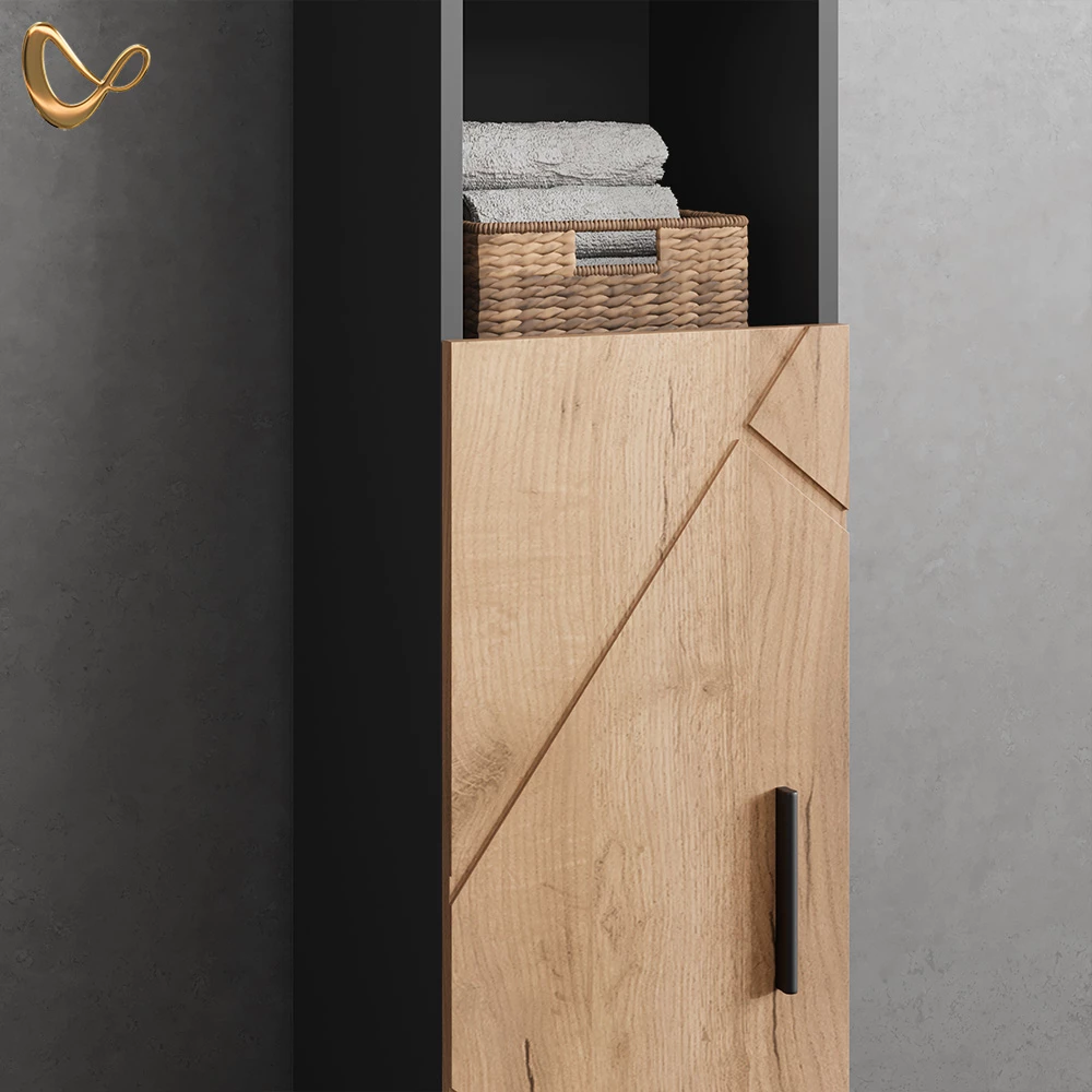 Nahaufnahme von Badmöbel-Set in Goldkraft Eiche/Anthrazit, zeigt Design- und Oberflächendetails