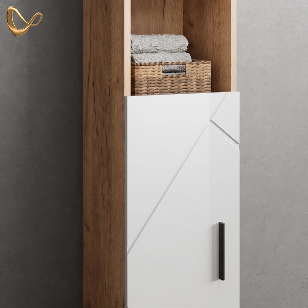 Nahaufnahme von Badmöbel-Set in Weiß Hochglanz/Goldkraft Eiche, zeigt Design- und Oberflächendetails