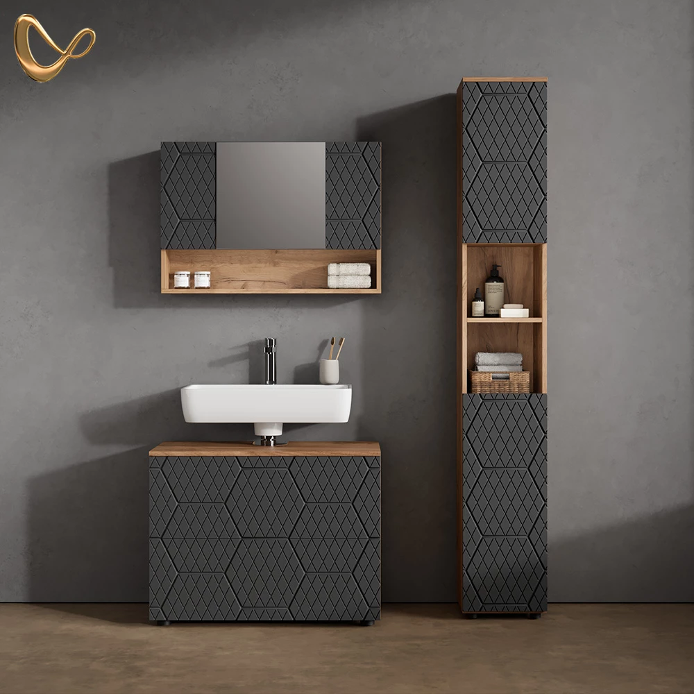 Badmöbel-Set in Anthrazit gestreift, dargestellt im Ambiente und auf weißem Hintergrund