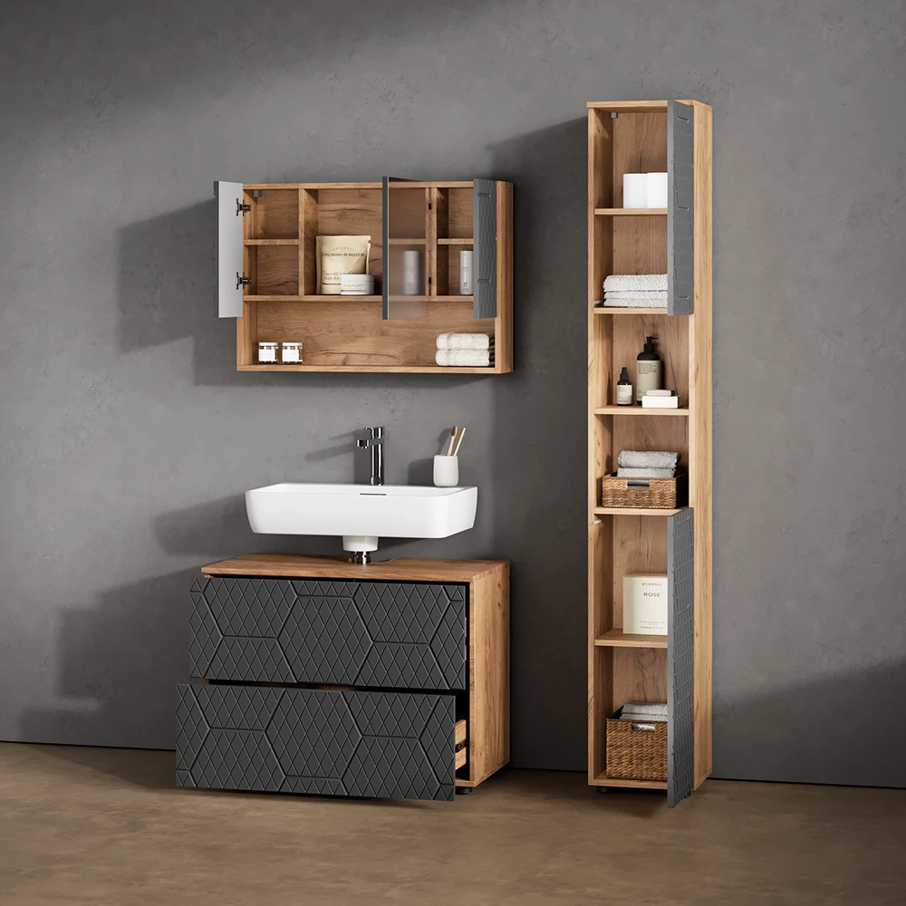 Nahaufnahme von Badmöbel-Set in Anthrazit gestreift, zeigt Textur/Details