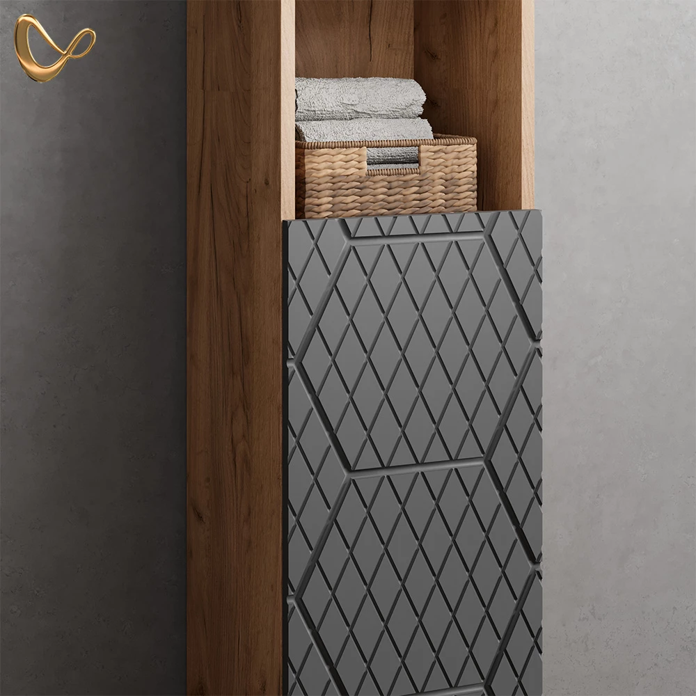 Nahaufnahme von Badmöbel-Set in Anthrazit gestreift, zeigt Design- und Oberflächendetails