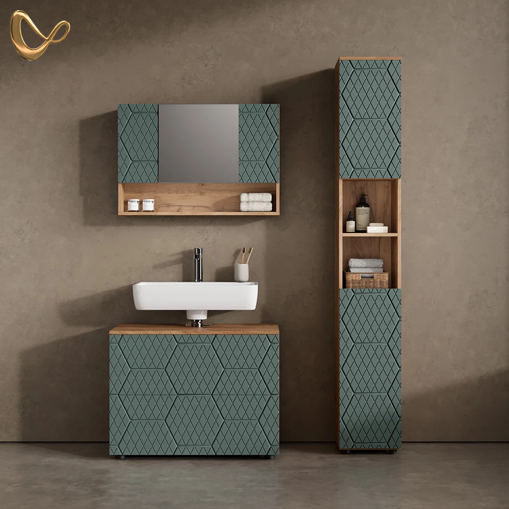 Badmöbel-Set in Grün/Goldkraft Eiche, dargestellt im Ambiente und auf weißem Hintergrund