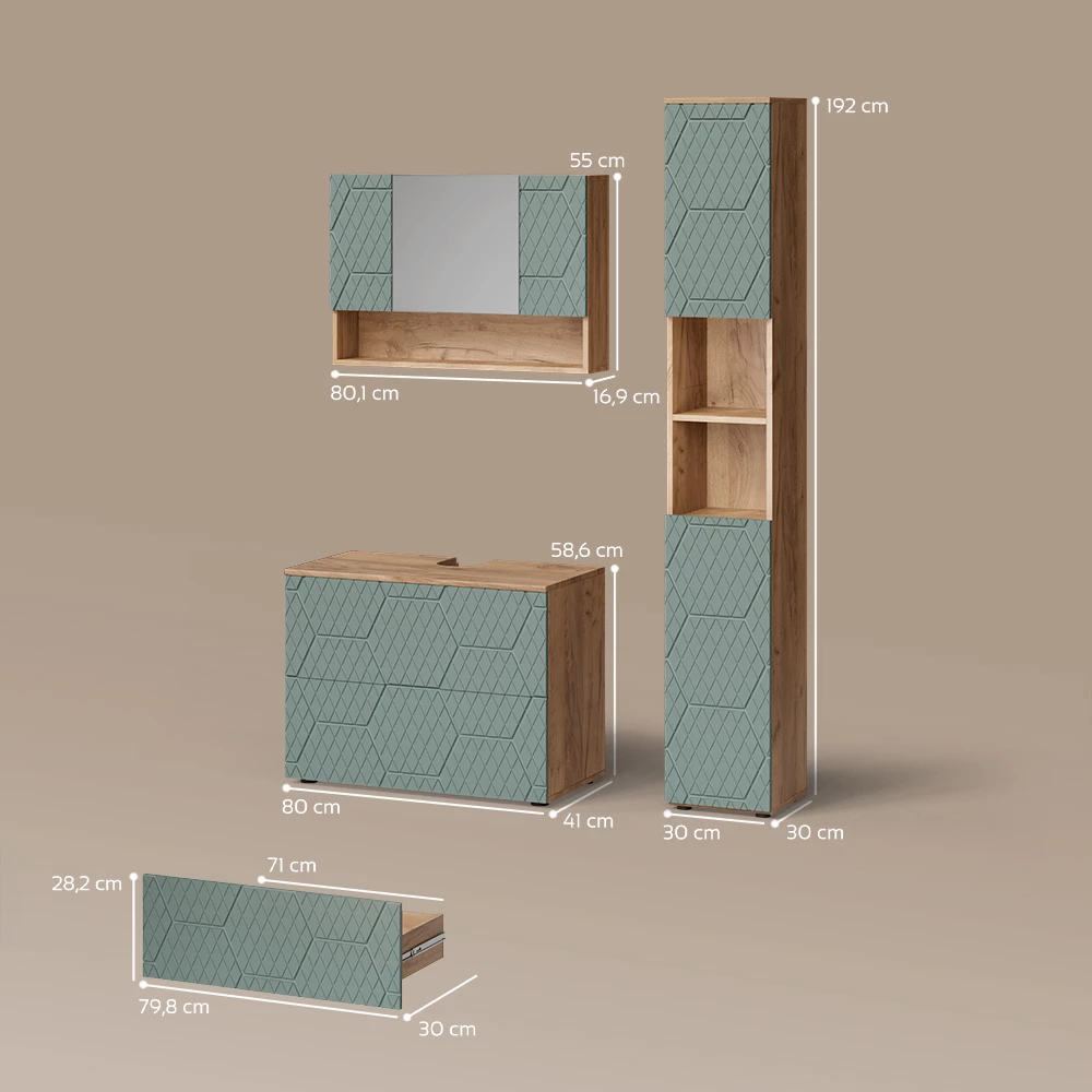 Badmöbel-Set in Grün/Goldkraft Eiche auf weißem Hintergrund mit sichtbaren Maßen